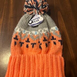 Women's Pom-Pom Beanie - Orange and Gray